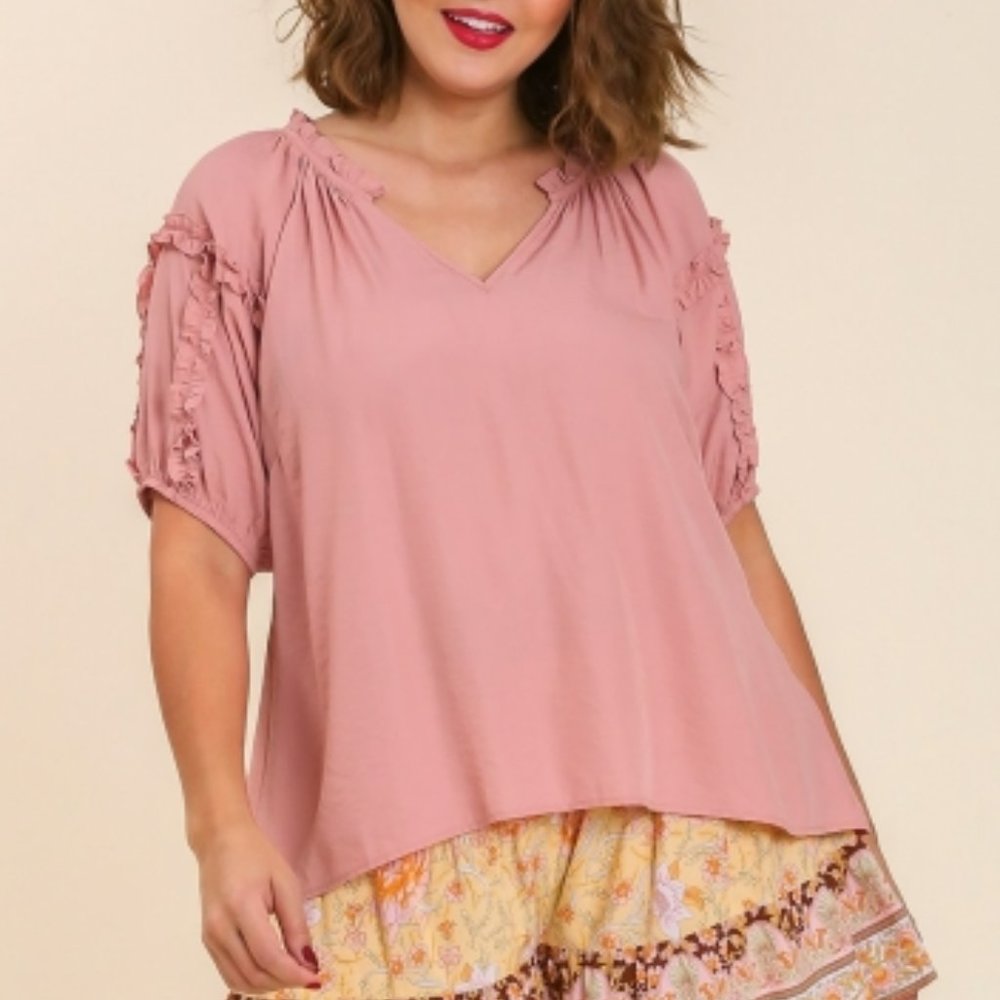 NWT Umgee Floral Applique Detail Cuffed Puff Sleeve In Mauve Plus